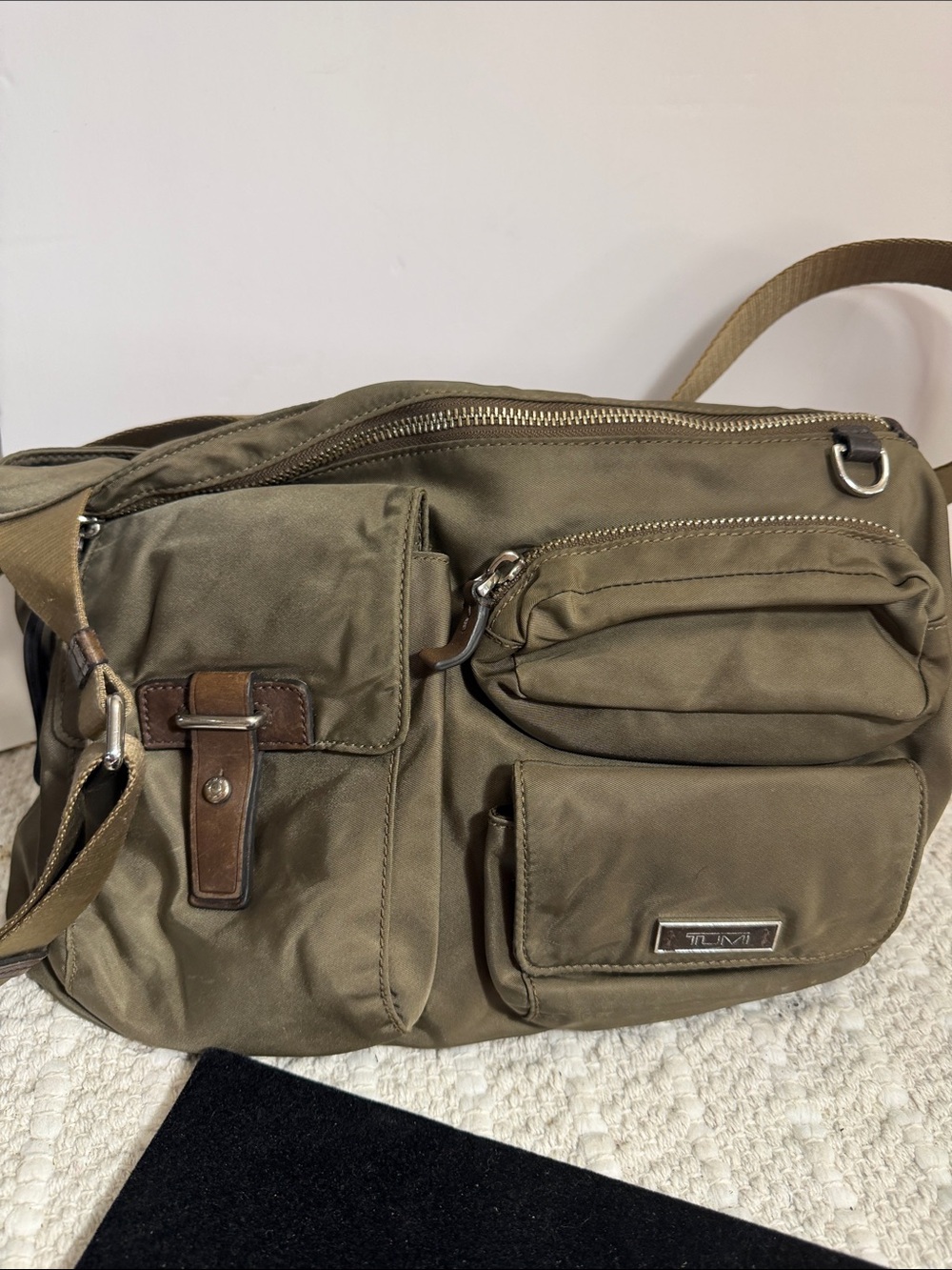 TUMI Olive Green Nylon Multi Pocket Crossbody Shoulder Messenger Bag